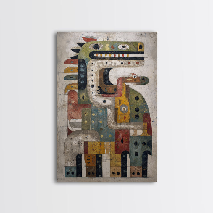 Geometric Tribal Bird Creature Canvas Print, Abstract African Art, Ethnic Wall Decor, Modern Cubism For Boho Home Decor Gift