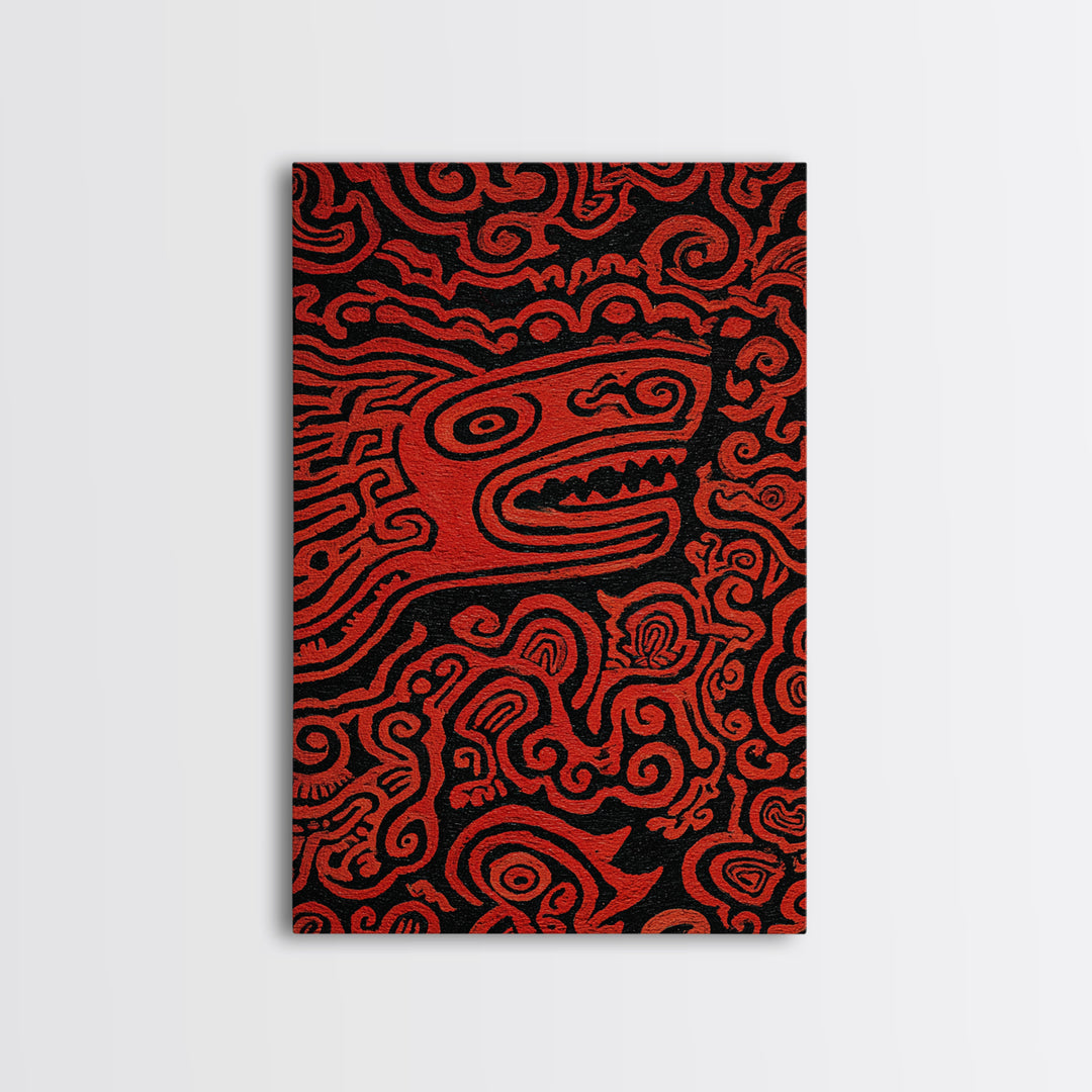 Red Tribal Lizard Pattern Wall Art, African Abstract Textile Art, Bold Ethnic Decor, Modern Black And Red Canvas Design Gift