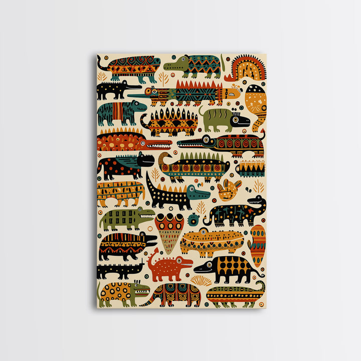 Whimsical Crocodile Pattern Canvas Print, Colorful African Animal Art, Kids Room Wall Decor, Tribal Safari Nursery Art Gift