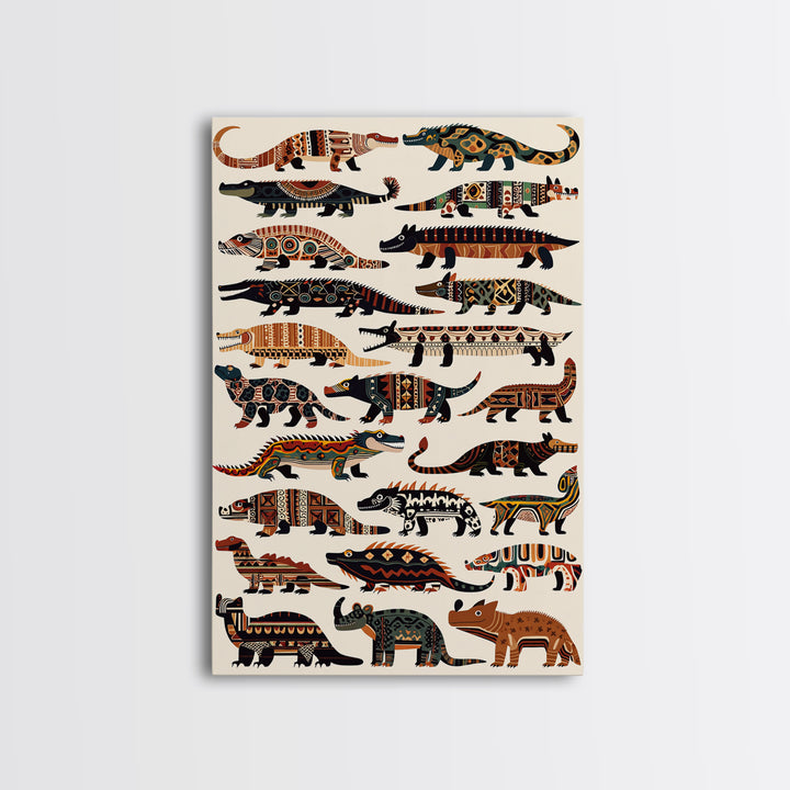 Tribal Crocodile Collection Canvas Print, African Animal Art, Patterned Safari Wall Decor, Boho Kids Room Decor Gift For Him