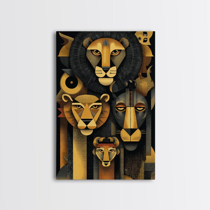 Black And Gold Lion Family Wall Art, Modern African Safari Art, Geometric Animal Portrait, Luxury Canvas Living Room Decor