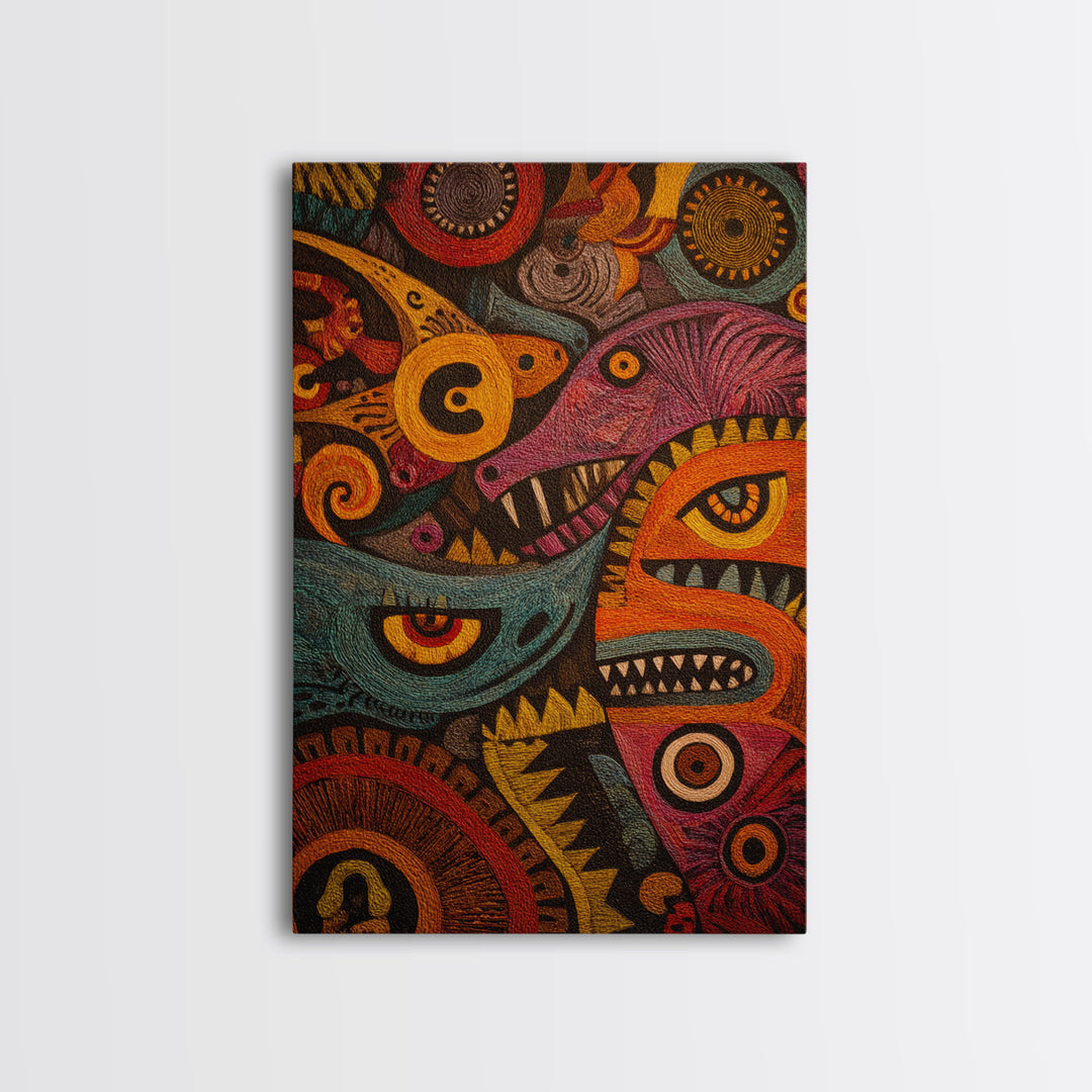 Colorful Tribal Spirit Mask Canvas Print, African Abstract Art, Bold Ethnic Wall Decor, Modern Afrocentric Statement Gift