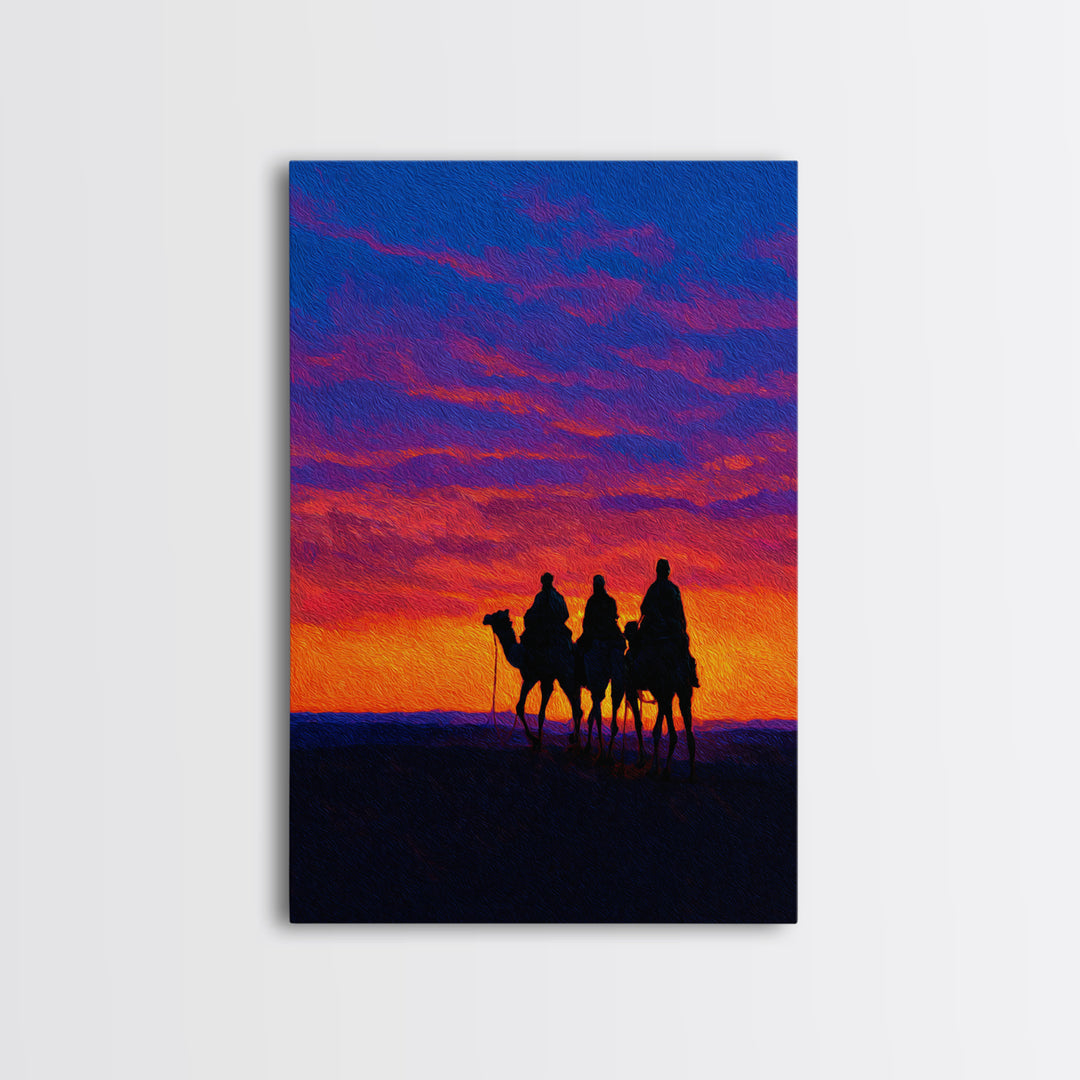 Camel Caravan At Sunset Wall Art, African Landscape Print, Desert Travel Decor, Boho Safari Canvas For Living Room Art Gift