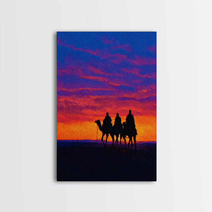 Camel Caravan At Sunset Wall Art, African Landscape Print, Desert Travel Decor, Boho Safari Canvas For Living Room Art Gift