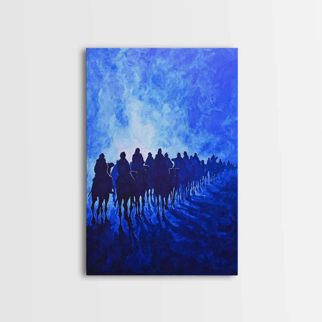Blue Desert Horse Caravan Canvas Print, African Landscape Art, Sahara Travel Wall Decor, Dreamy Blue Painting For Living Room
