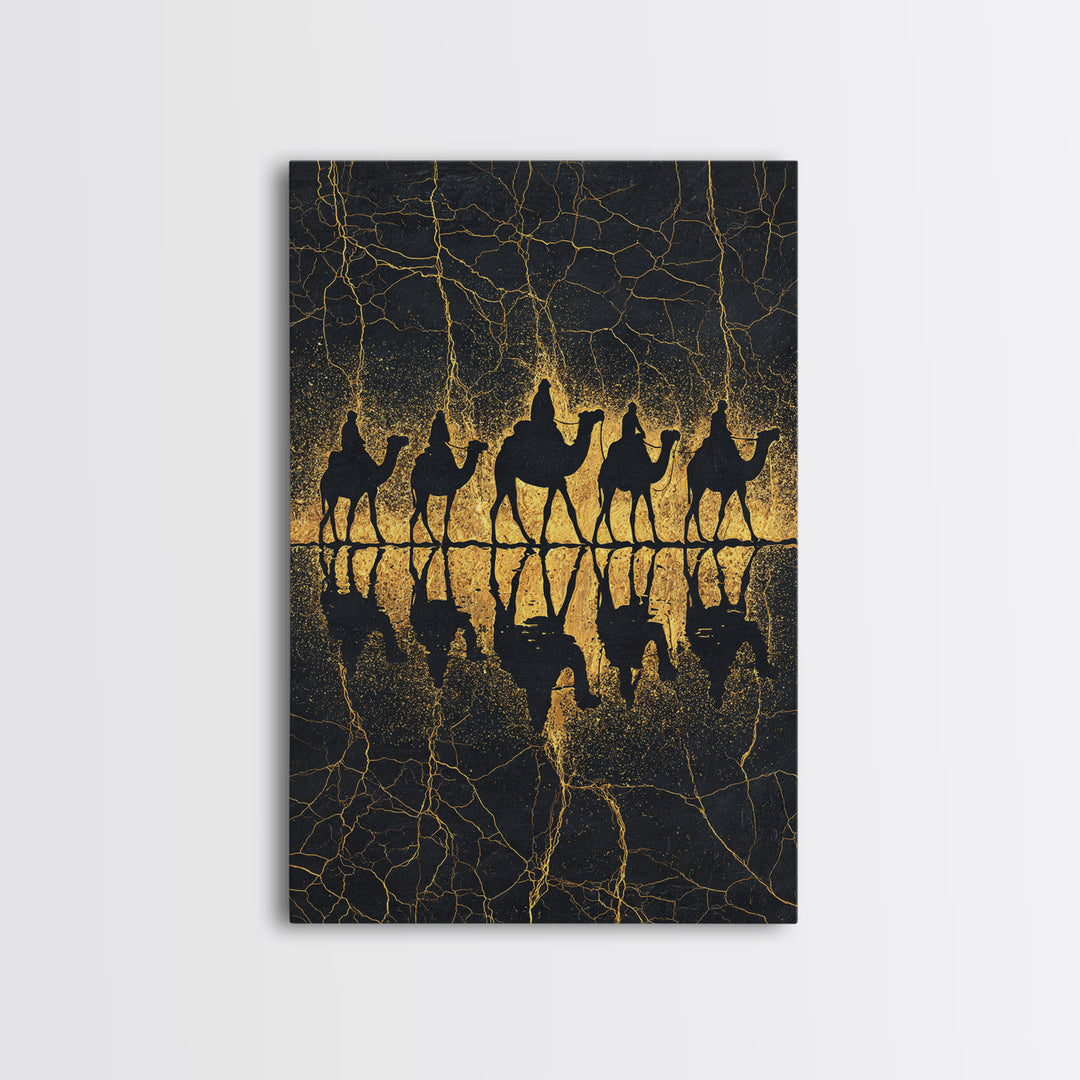 Gold Camel Caravan Reflection Wall Art, African Safari Art Print, Black Gold Desert Decor, Luxury Canvas For Living Room