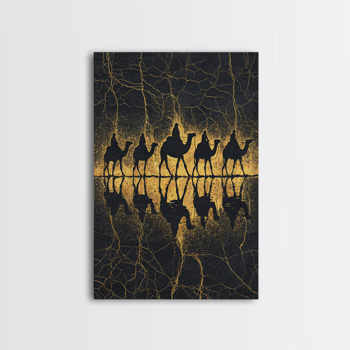 Gold Camel Caravan Reflection Wall Art, African Safari Art Print, Black Gold Desert Decor, Luxury Canvas For Living Room