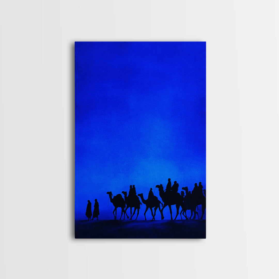 Blue Desert Camel Caravan Canvas Print, African Travel Poster, Modern Safari Wall Decor, Minimalist Blue Bedroom Art Gift