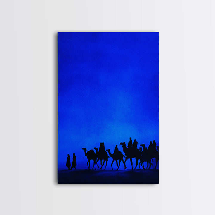 Blue Desert Camel Caravan Canvas Print, African Travel Poster, Modern Safari Wall Decor, Minimalist Blue Bedroom Art Gift