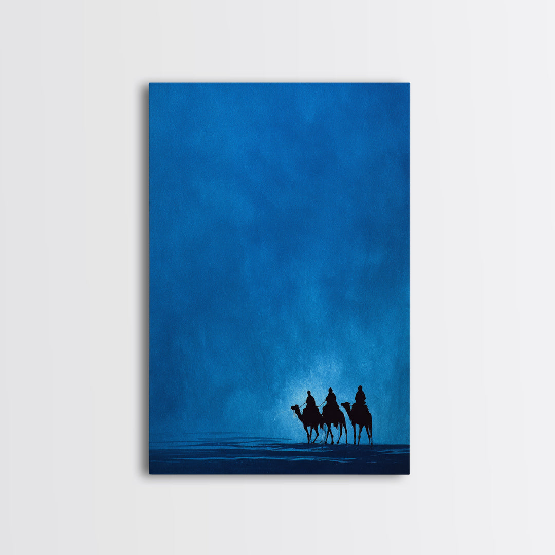 Three Blue Camel Riders Wall Art, African Safari Art Print, Serene Desert Landscape, Modern Canvas Decor For Living Room