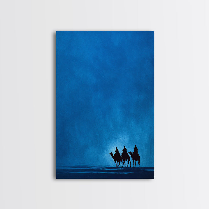 Three Blue Camel Riders Wall Art, African Safari Art Print, Serene Desert Landscape, Modern Canvas Decor For Living Room