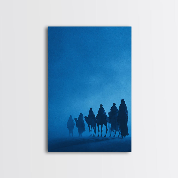 Misty Blue Tuareg Caravan Framed Canvas Print, African Travel Wall Art, Sahara Desert Decor, Boho Bedroom Artwork Gift For Home
