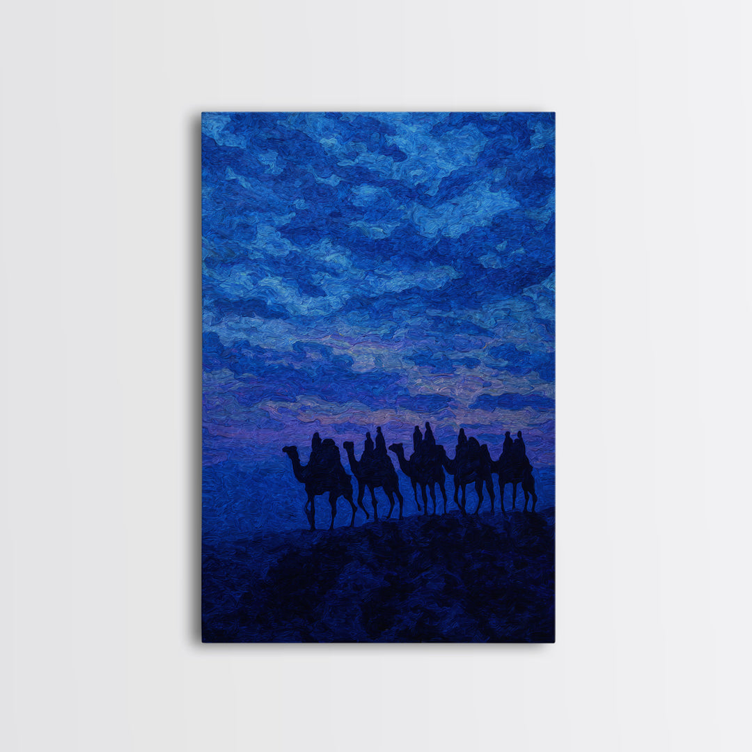 Textured Blue Camel Caravan Wall Art, African Painting Print, Dramatic Desert Sky Decor, Modern Canvas For Office Living Room