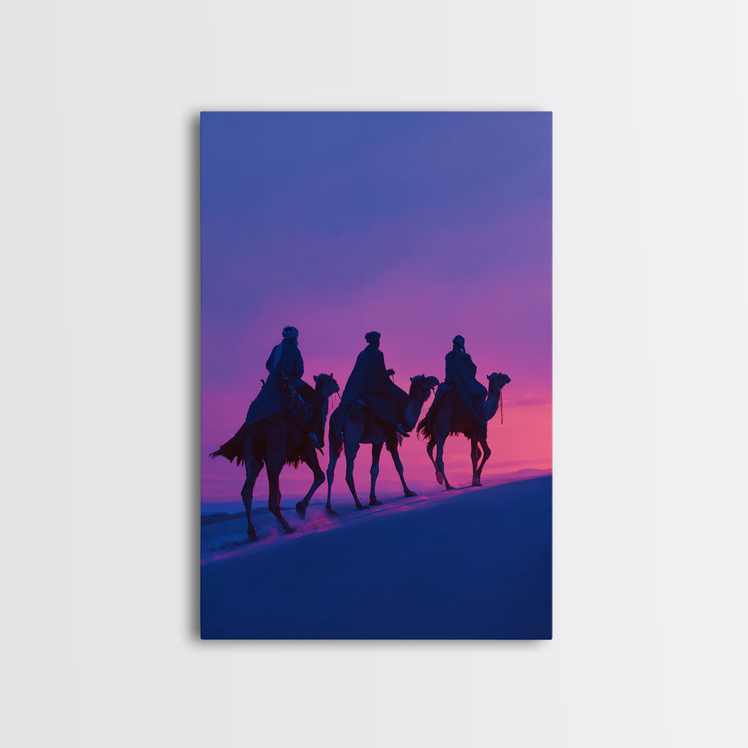 Purple Sunset Camel Riders Canvas Print, African Safari Wall Art, Boho Desert Landscape Decor, Dreamy Bedroom Gift For Her