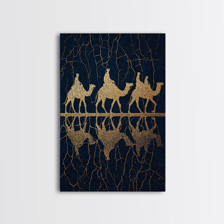Gold Camel Trio Reflection Framed Canvas Print, African Safari Art, Black Gold Wall Decor, Luxury Desert Statement Piece