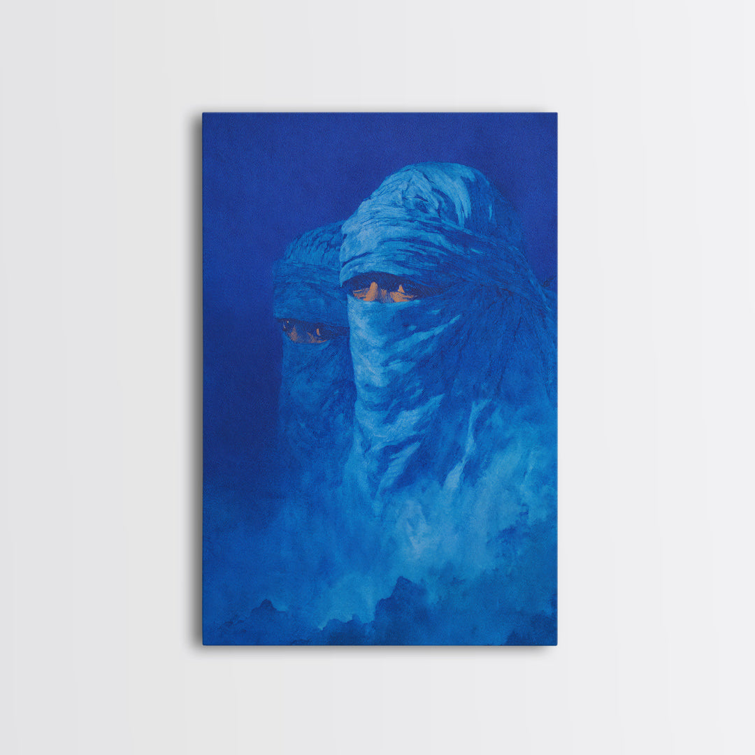 Blue Veiled Tuareg Portrait Wall Art, African Culture Art Print, Sahara Nomad Decor, Mystical Blue Canvas For Bedroom Gift