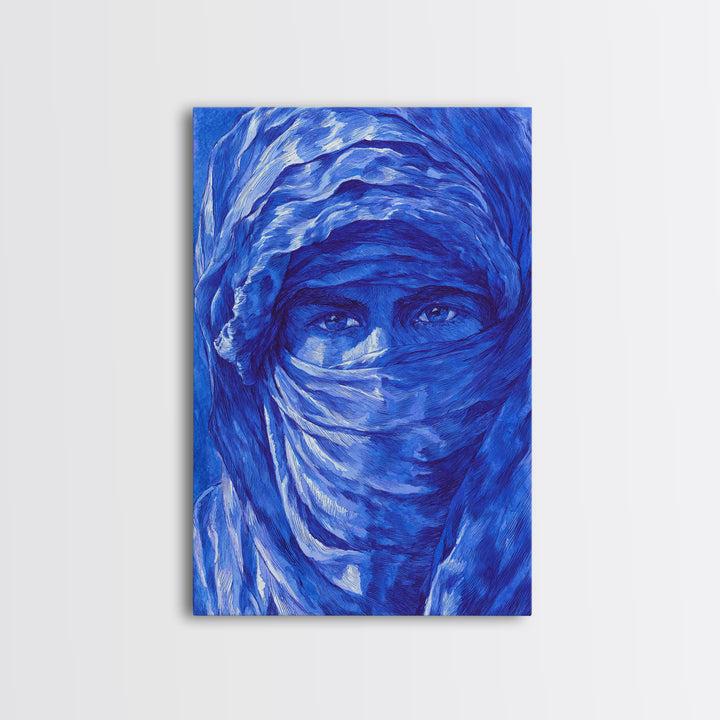 Blue Veiled Woman Portrait Canvas Print, African Woman Art, Sahara Travel Wall Decor, Elegant Cultural Home Decor Gift For Her