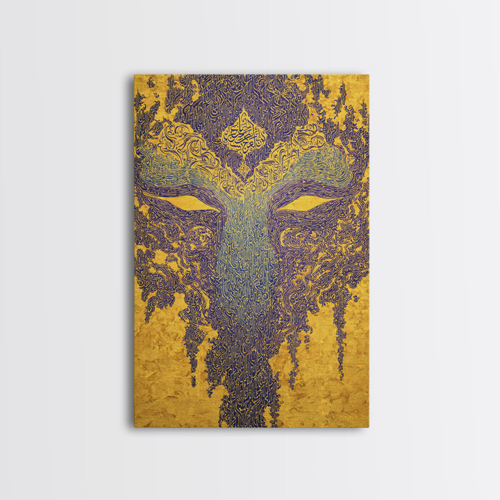 Ornate Blue Gold African Mask Wall Art, Abstract Tribal Art Print, Afrocentric Decor, Luxury Canvas Statement Piece For Home