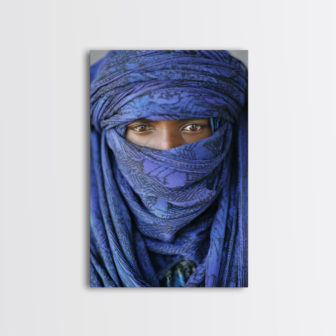 Indigo Tuareg Veiled Eyes Portrait Wall Art, African Wall Art, Blue Desert Nomad Decor, Afrocentric Canvas Print Gift For Home