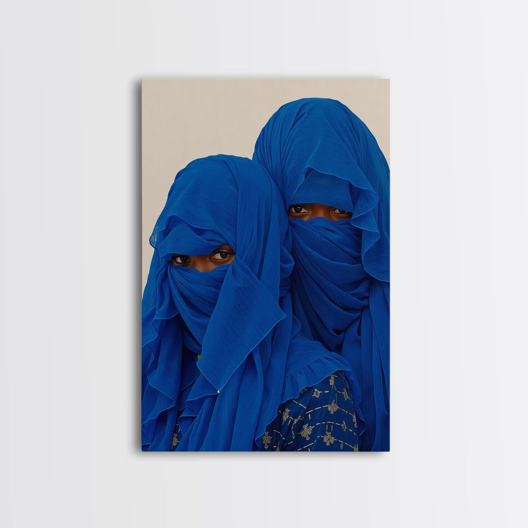 Two Blue Veiled African Women Portrait Wall Art, African Women Art, Afrocentric Decor, Indigo Fashion Canvas Print For Home