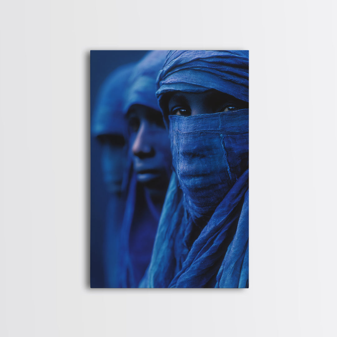 Blue Desert Nomad Figures Canvas Print, African Portrait Wall Art, Tuareg Inspired Indigo Decor, Mystical Afrocentric Gift