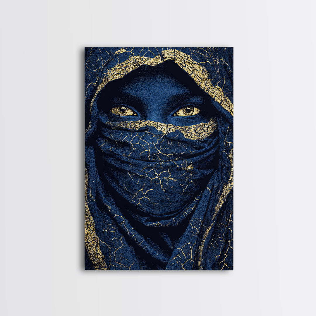 Gold Cracked Indigo Veiled Woman Framed Canvas Print, African Woman Art, Black Goddess Art, Luxury Afrocentric Wall Decor