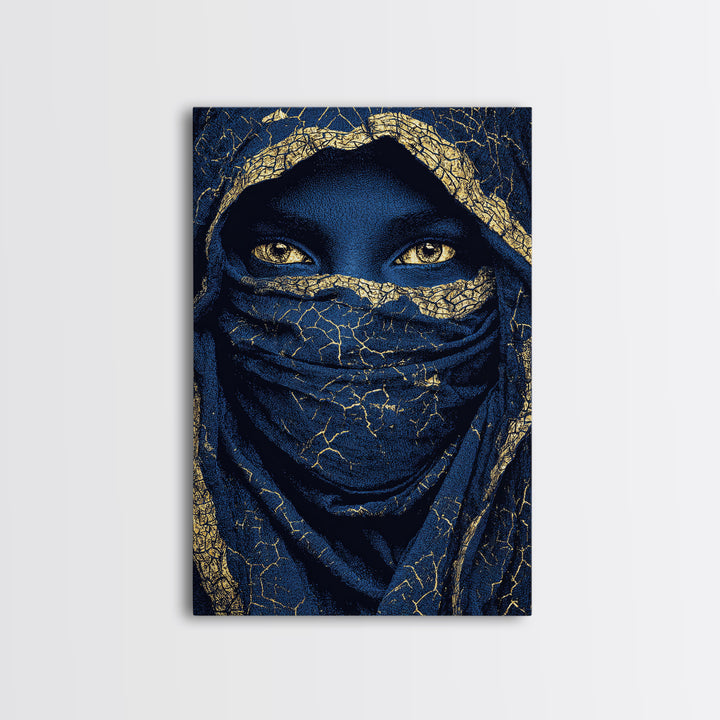 Gold Cracked Indigo Veiled Woman Framed Canvas Print, African Woman Art, Black Goddess Art, Luxury Afrocentric Wall Decor