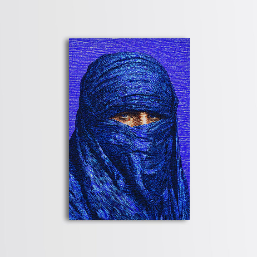 Electric Blue Turban Portrait Wall Art, African Portrait, Indigo Textile Art, Modern Afrocentric Canvas Print Bedroom Decor