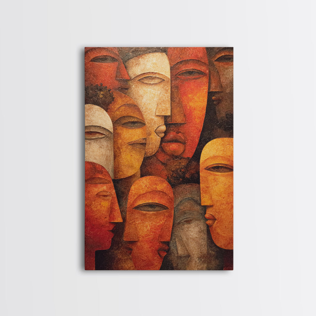 Layered African Mask Faces Wall Art, African Tribal Art, African Mask Art, Terracotta Abstract Canvas Print Cultural Decor