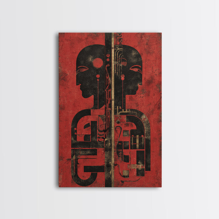 Red And Black Tribal Twin Profiles Wall Art, Abstract African Mask Portrait, Afrocentric Decor, Modern African Art Print