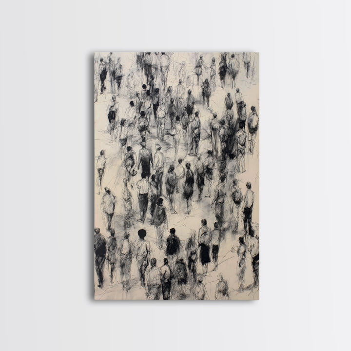 Monochrome Walking Crowd Wall Art, Black And White Figurative Sketch, Minimalist People Decor, Modern Office Art Print Gift