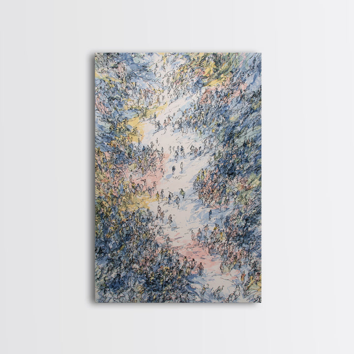 Pastel Valley Gathering Canvas Print, Dreamy Nature Scene With Tiny Figures, African Inspired Wall Decor, Unique Home Art