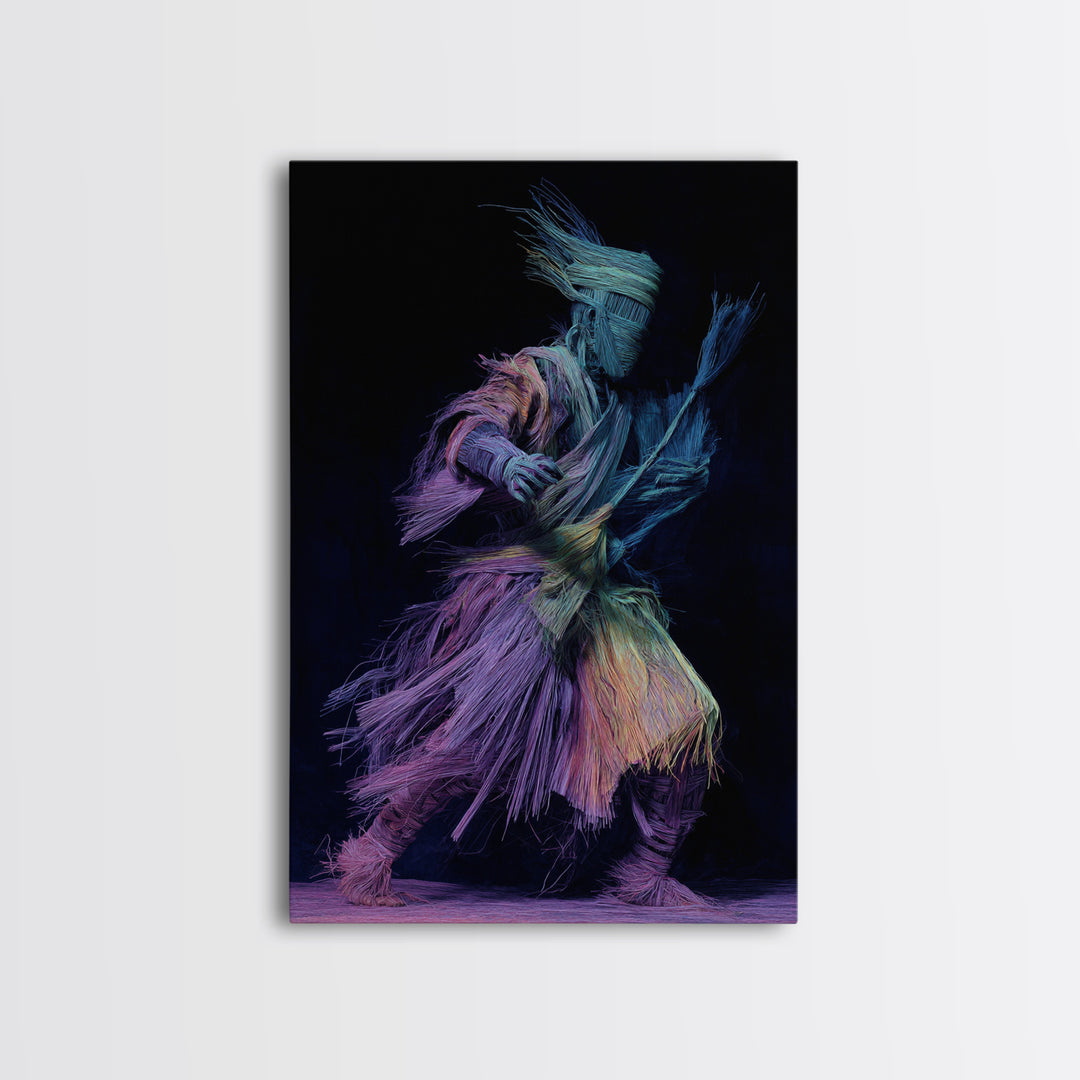 Masked Raffia Dancer In Neon Threads, African Wall Art, Tribal Dance Decor, Afrocentric Culture Print, Bold Home Decor Gift