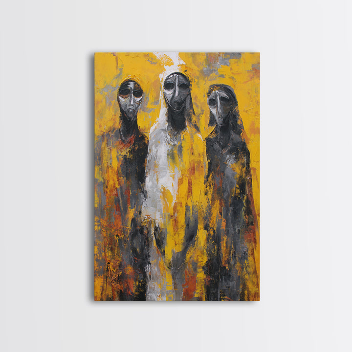 Three Abstract Masked Figures On Yellow Ground, Canvas Print, African Mask Art, Modern Tribal Wall Decor, Bold Portrait Art