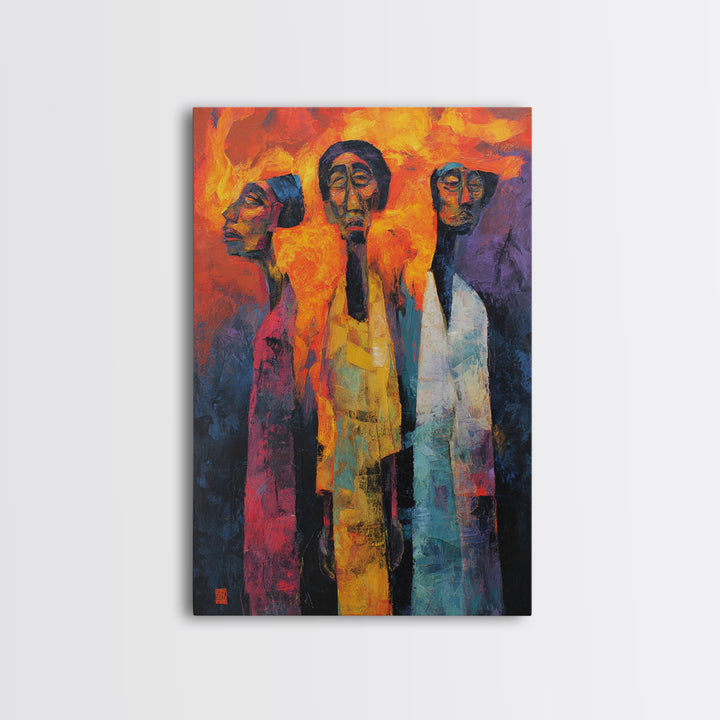 Fiery Three African Figures With Long Faces, Framed Canvas Print, Modern African Art, Black Culture Decor, Statement Wall Art