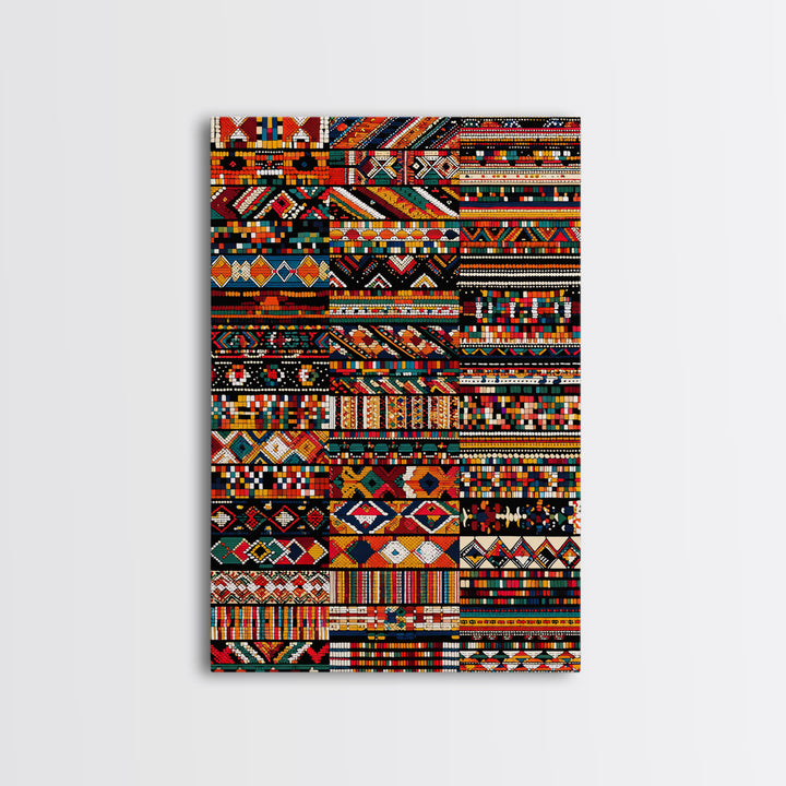 African Textile Mosaic Wall Art, Colorful Tribal Patterns Canvas Print, Ankara Fabric Collage, Afrocentric Home Decor Gift
