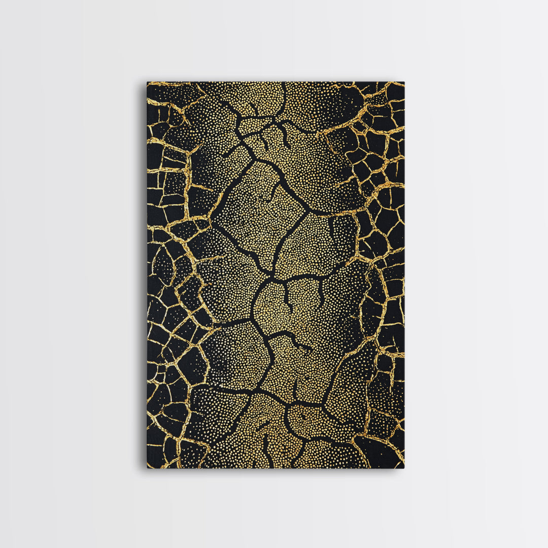 Black And Gold Cracked Earth Wall Art, Abstract African Landscape Canvas Print, Textured Art Print, Luxury Home Decor Statement Piece