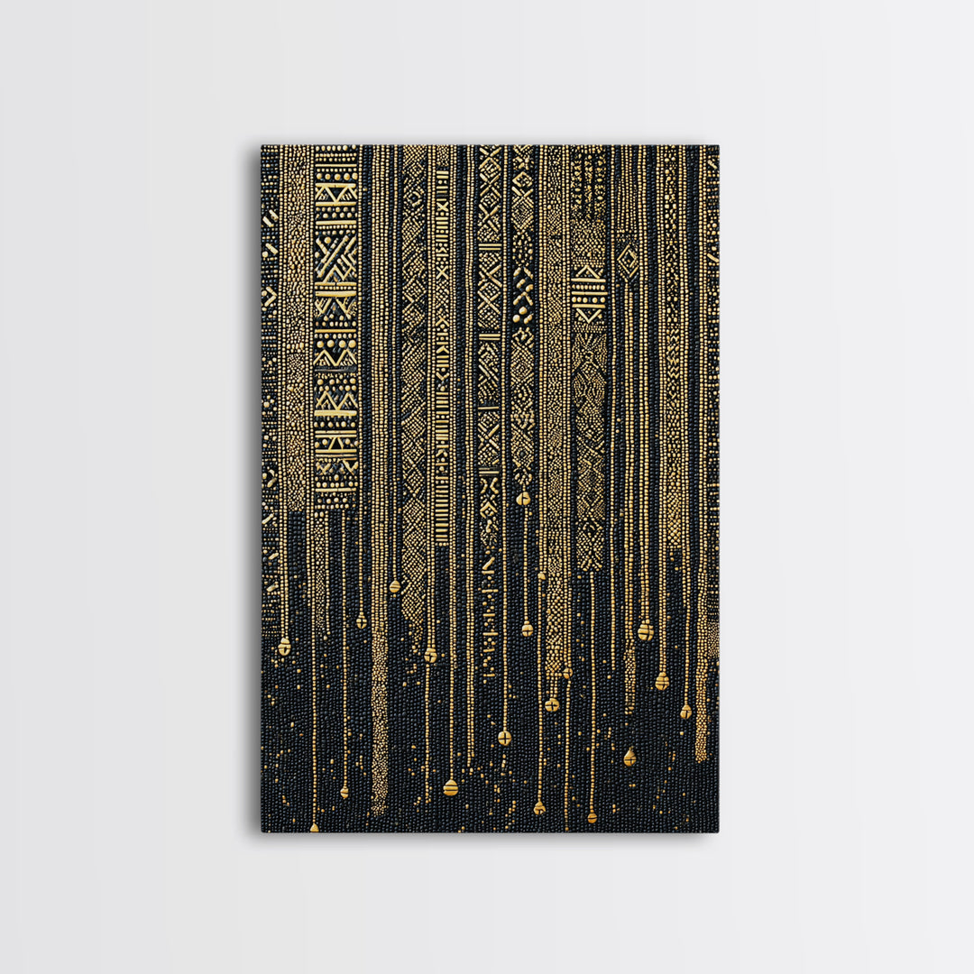 Black Gold Tribal Stripes Wall Art, African Pattern Framed Canvas Print, Elegant Textile Art, Luxury Home Decor Statement Piece