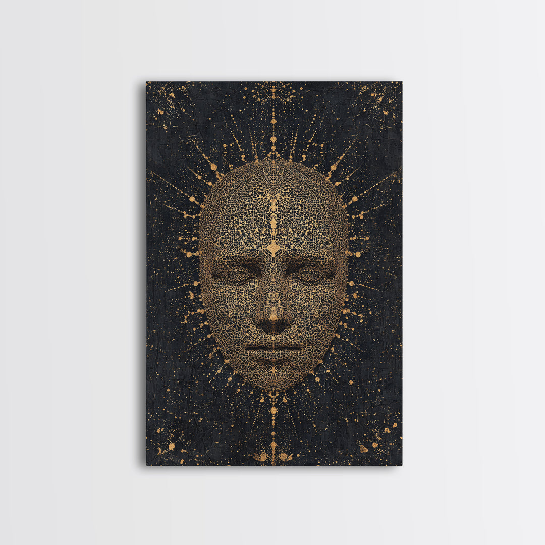 Gold Radiant African Mask Face Framed Canvas Print, Black And Gold Spiritual Wall Decor, Mystical Afrocentric Portrait Art