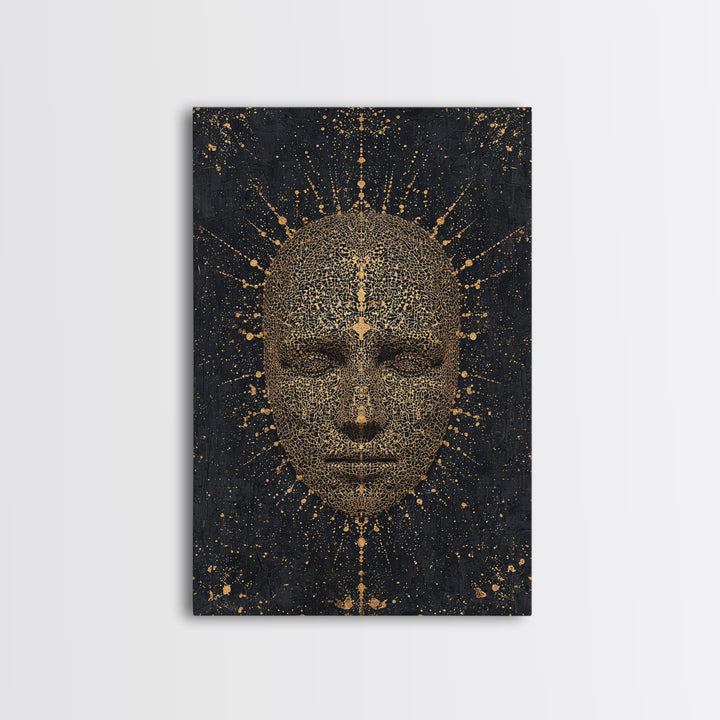Gold Radiant African Mask Face Framed Canvas Print, Black And Gold Spiritual Wall Decor, Mystical Afrocentric Portrait Art