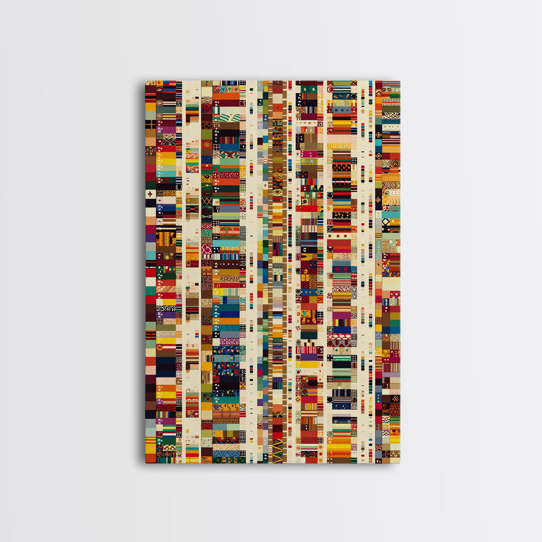 Pan African Textile Mosaic Strips Wall Art, Colorful African Fabric Patterns Canvas Print, Cultural Boho Home Decor Gift