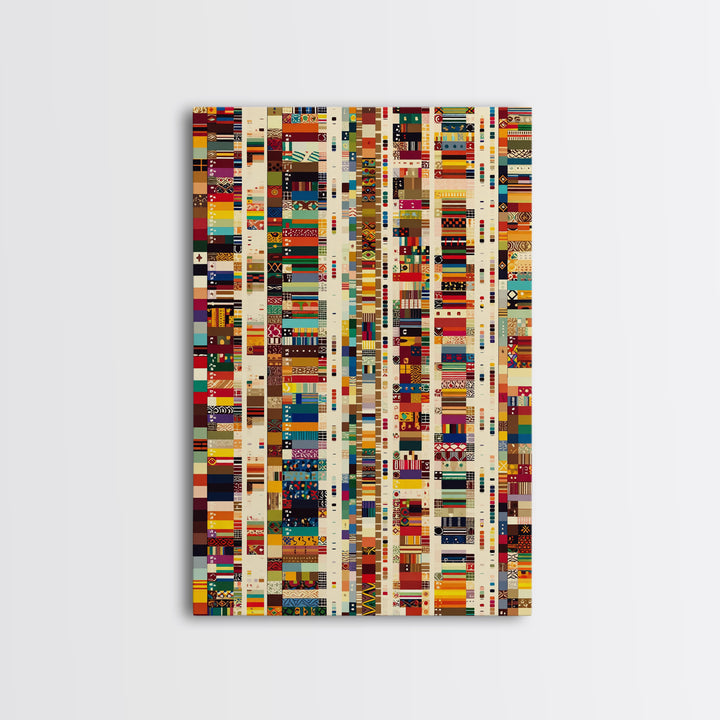 Pan African Textile Mosaic Strips Wall Art, Colorful African Fabric Patterns Canvas Print, Cultural Boho Home Decor Gift