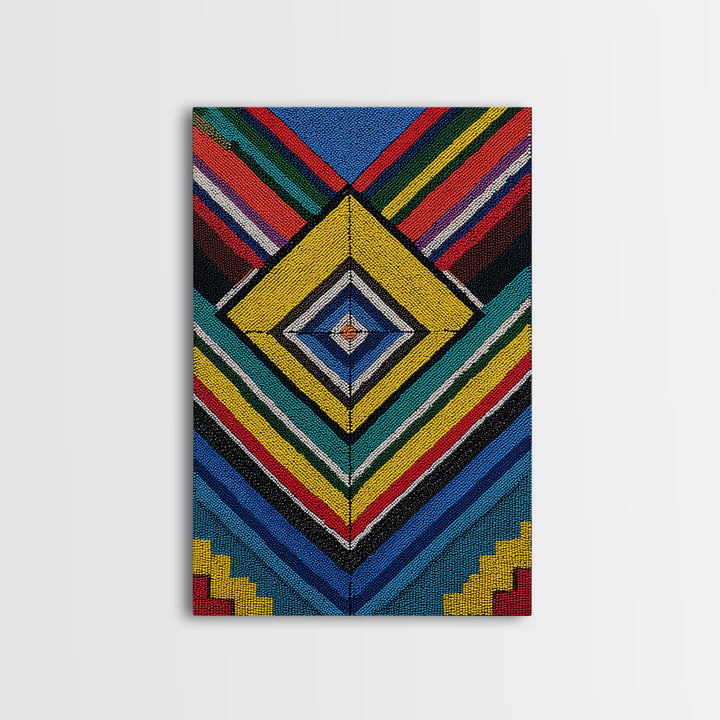 Beaded Diamond Geometric Tribal Wall Art, Colorful African Abstract Canvas Print, Bold Ethnic Pattern Living Room Decor Gift