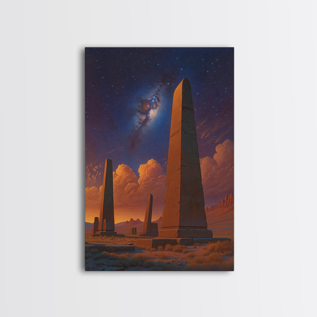 Ancient Desert Obelisks Under Stars Canvas Print, African Egyptian Art, Mystical Landscape Wall Decor, Stargazer Art Gift