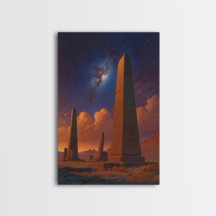 Ancient Desert Obelisks Under Stars Canvas Print, African Egyptian Art, Mystical Landscape Wall Decor, Stargazer Art Gift