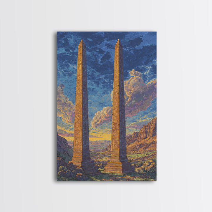 Twin Ancient Obelisks At Sunset Framed Canvas Print, African Egyptian Art, Historic Monument Landscape Wall Decor Gift For Home