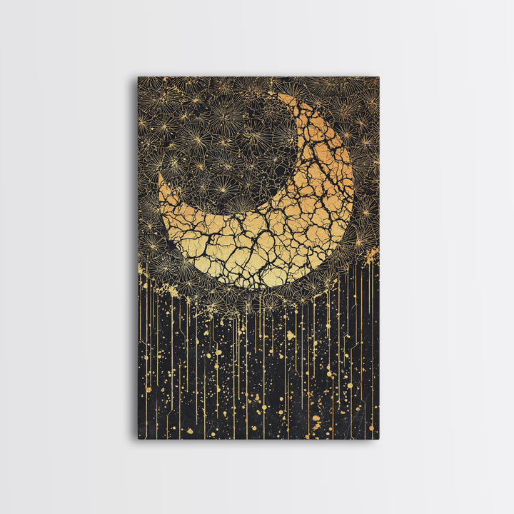 Cracked Gold Crescent Horn Abstract Wall Art, African Inspired Pattern Decor, Black And Gold Canvas Print For Boho Home Decor