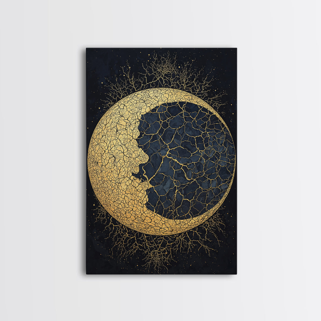 Cracked Gold Crescent Moon Wall Art, Mystical African Inspired Celestial Canvas Print, Black And Gold Spiritual Home Decor
