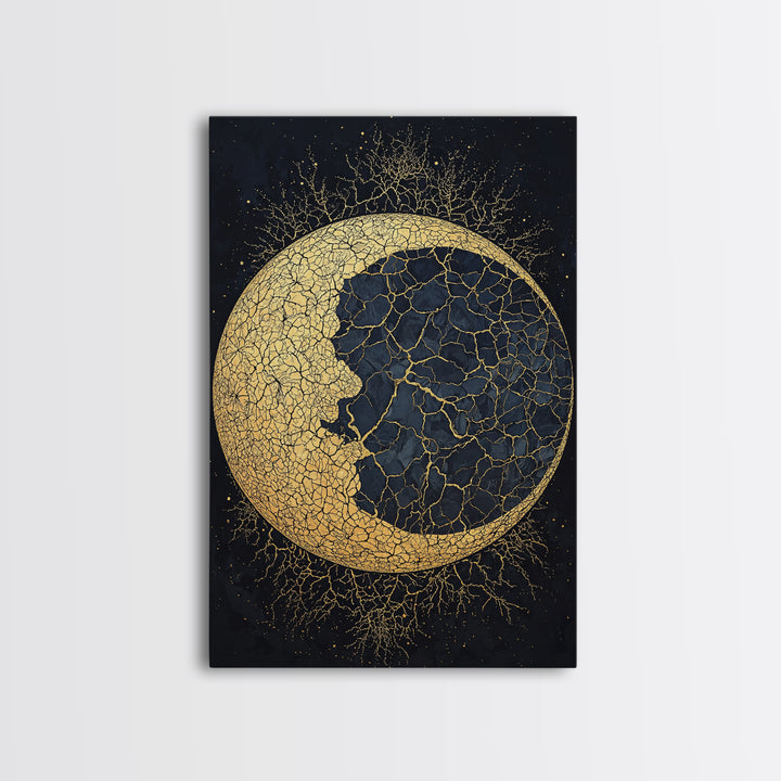 Cracked Gold Crescent Moon Wall Art, Mystical African Inspired Celestial Canvas Print, Black And Gold Spiritual Home Decor
