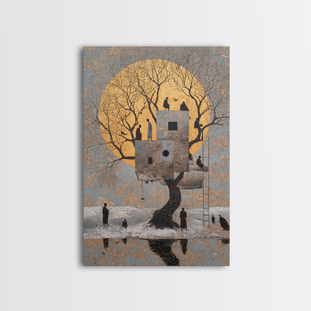 Surreal Moonlit Treehouse In Winter Wall Art, Dreamy Nature Scene Canvas Print, Whimsical Figures And Storybook Decor For Home